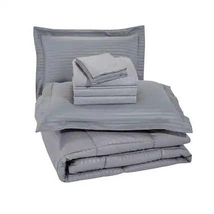 Front. Plazatex - Plazatex Embossed Dobby Stripe 8 Pieces Comforter Bed In A Bag Set Queen Gray - Gray.