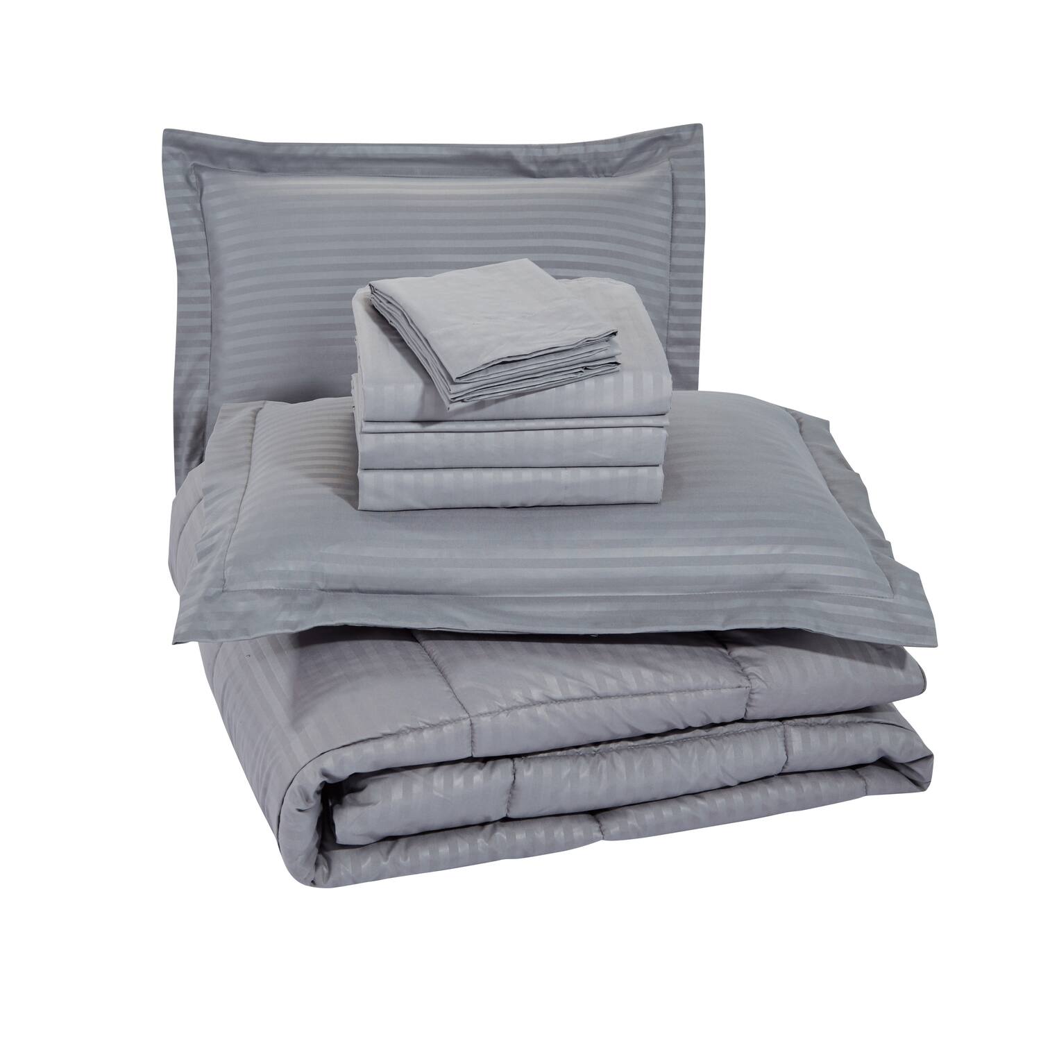 Plazatex - Embossed Dobby Stripe 8 Pieces Comforter Bed In A Bag Set Queen - Gray