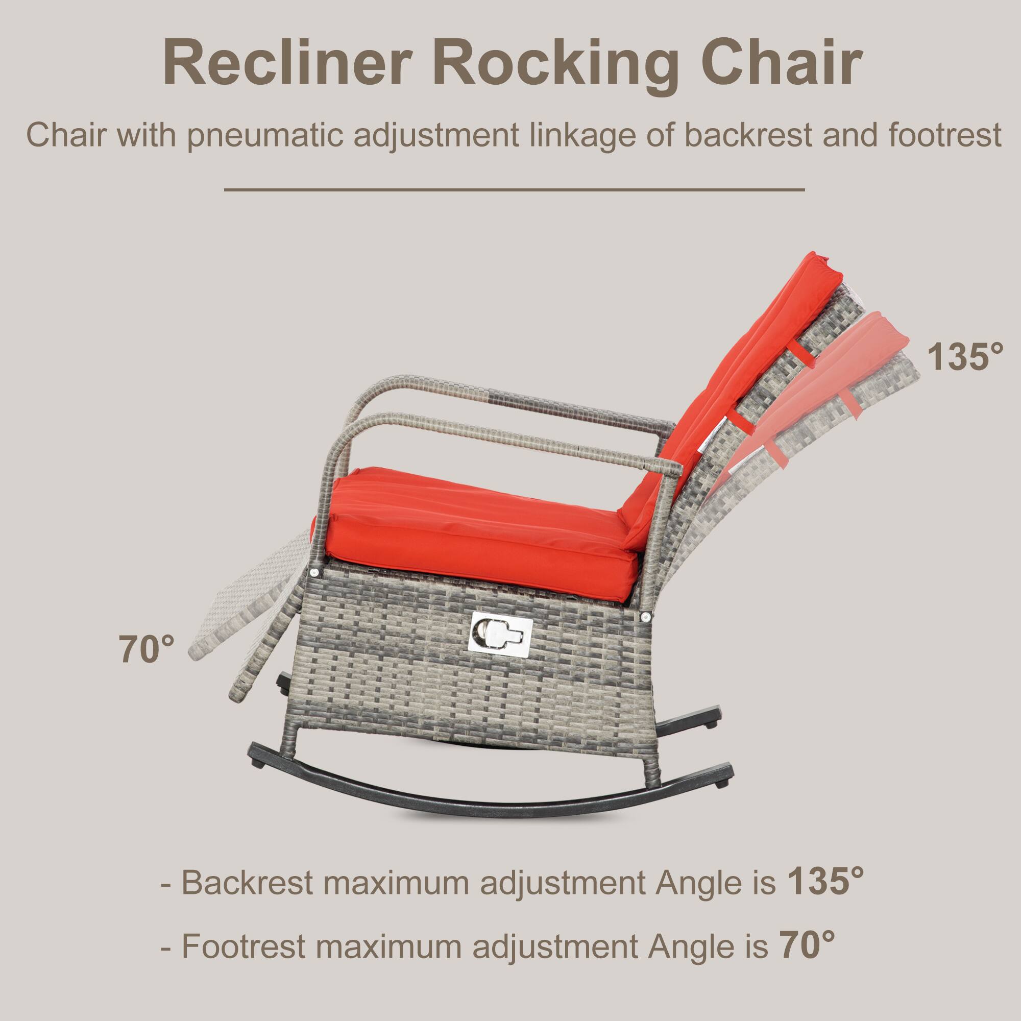 Recliner Rocking Chair  
Chair with pneumatic adjustment linkage of backrest and footrest  

- Backrest maximum adjustment Angle is 135°  
- Footrest maximum adjustment Angle is 70°