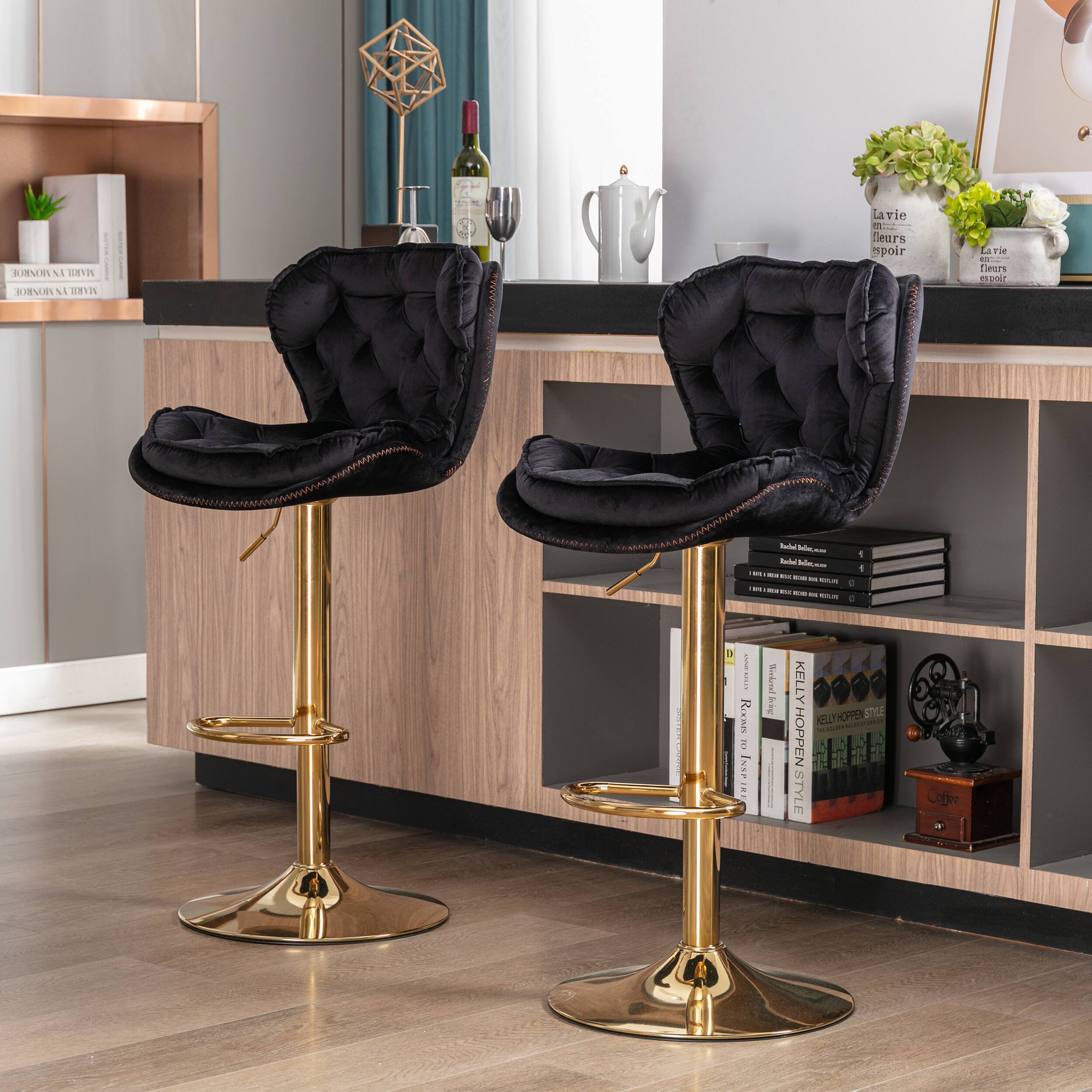 APRILSOUL - Set of 2 Bar Stools Chrome Footrest Base Swivel Height Adjustable Velvet Golden Leg - Black