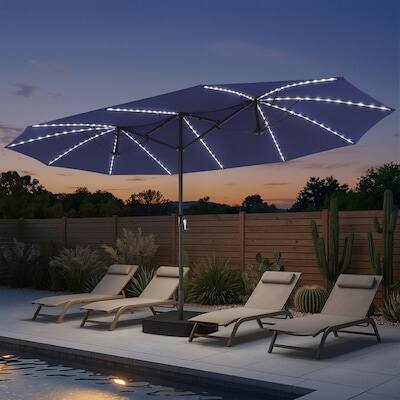 Alt View 4. Crestlive Products - Crestlive Products 15 x 9 FT Solar Light Double-Sided Patio Outdoor Umbrella Tilting Waterproof Metal Pole Base Included - navy blue.