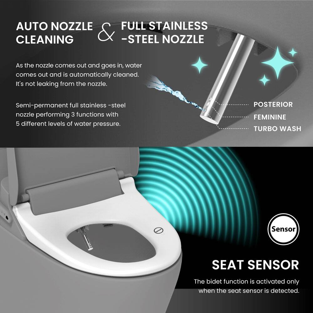 **AUTO NOZZLE & FULL STAINLESS CLEANING**

As the nozzle comes out and goes in, water comes out and is automatically cleaned. It's not leaking from the nozzle.

Semi-permanent full stainless-steel nozzle performing 3 functions with 5 different levels of water pressure.

**POSTERIOR FEMININE TURBO WASH**

**SEAT SENSOR**

The bidet function is activated only when the seat sensor is detected.