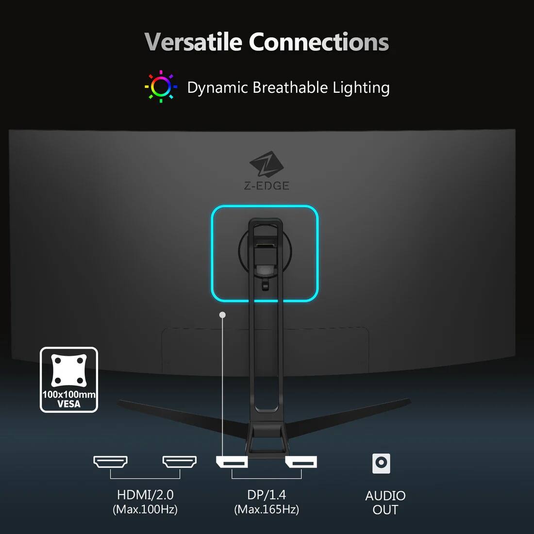 Versatile Connections, Dynamic Breathable Lighting, Z-EDGE, 100x100mm VESA, HDMI/2.0 (Max.100Hz), DP/1.4 (Max.165Hz), AUDIO OUT