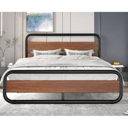Hivvago - Full Heavy Duty Industrial Modern Metal Wood Platform Bed Frame with Headboard - Black,Dark Brown