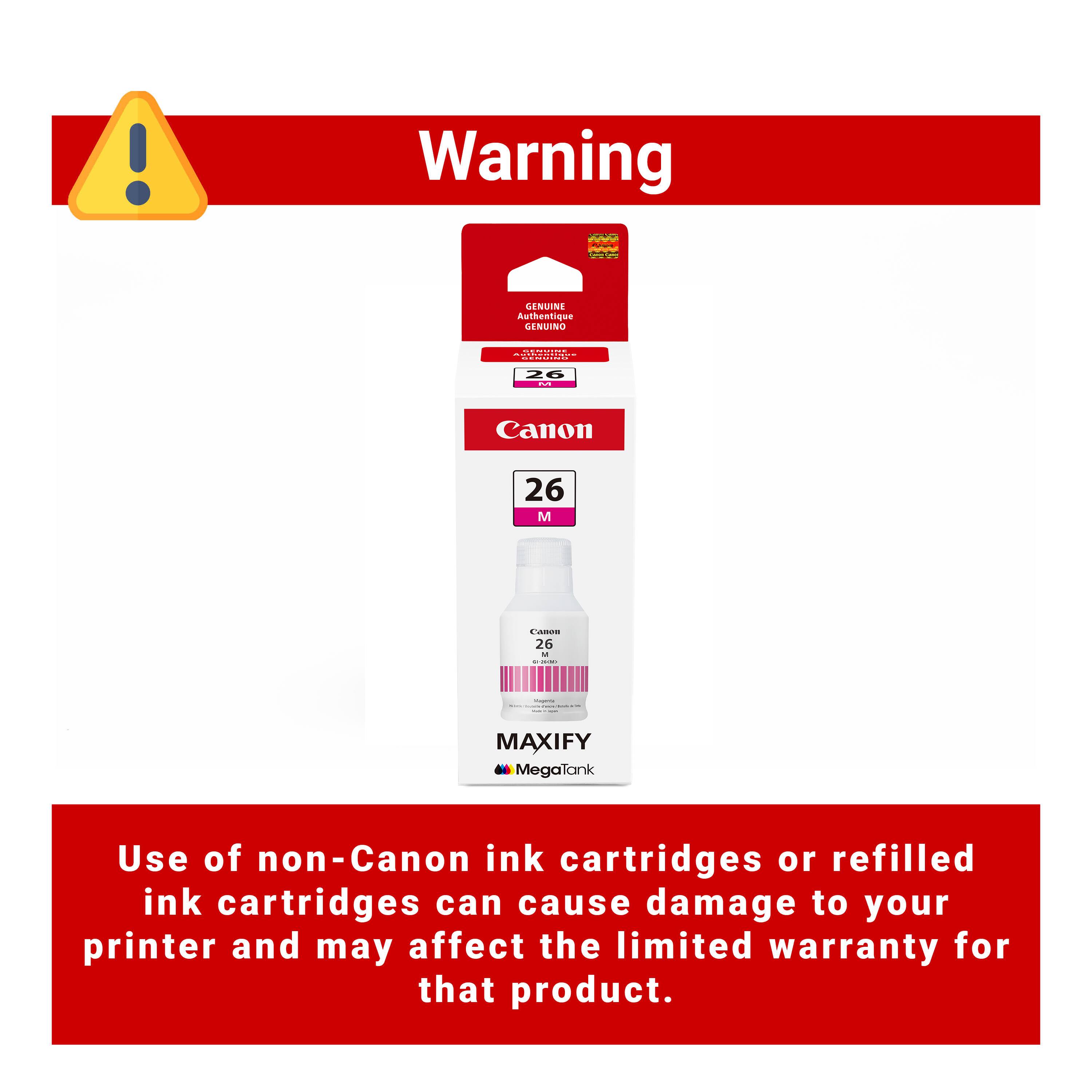 Warning

Use of non-Canon ink cartridges or refilled ink cartridges can cause damage to your printer and may affect the limited warranty for that product.