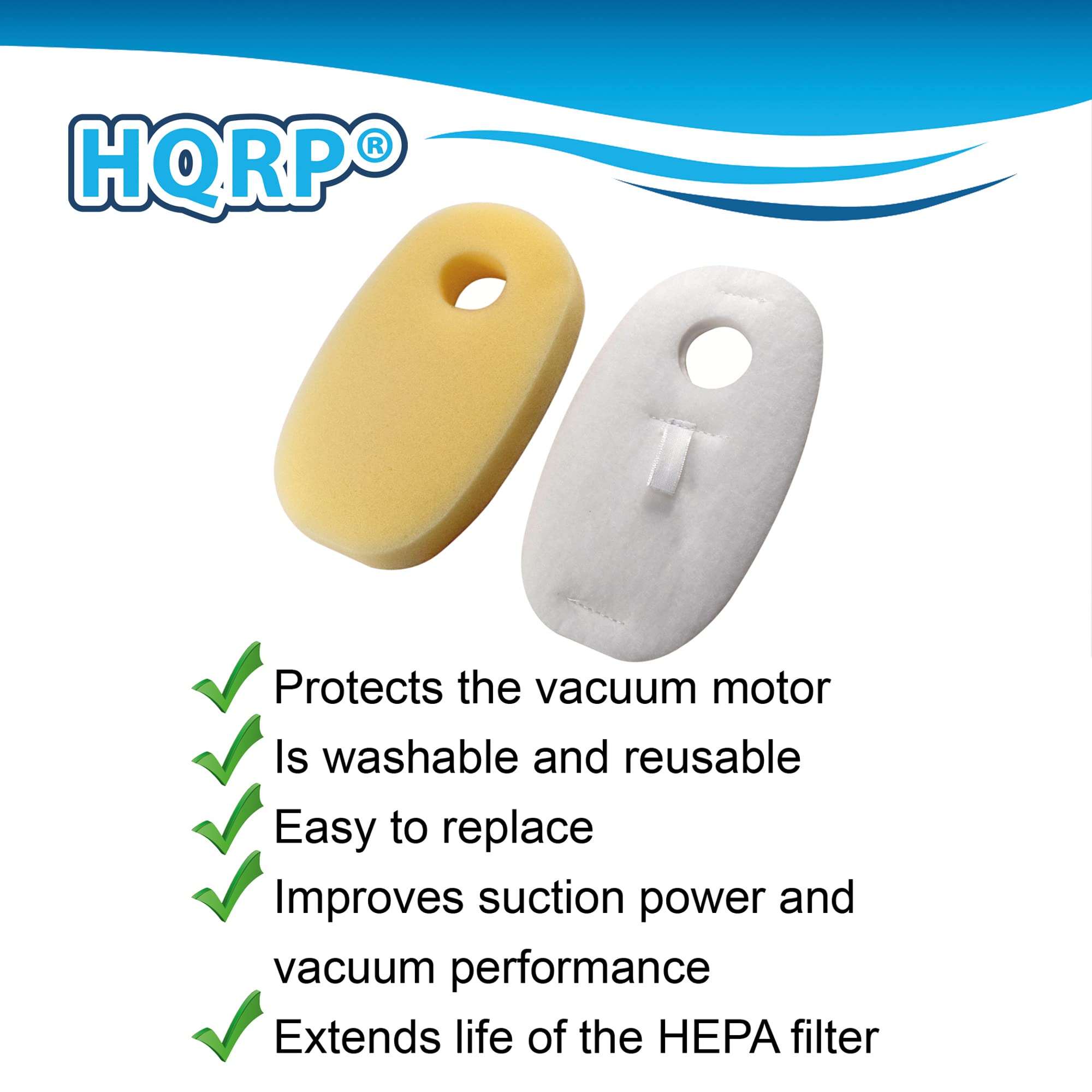 HQRP®

- Protects the vacuum motor
- Is washable and reusable
- Easy to replace
- Improves suction power and vacuum performance
- Extends life of the HEPA filter