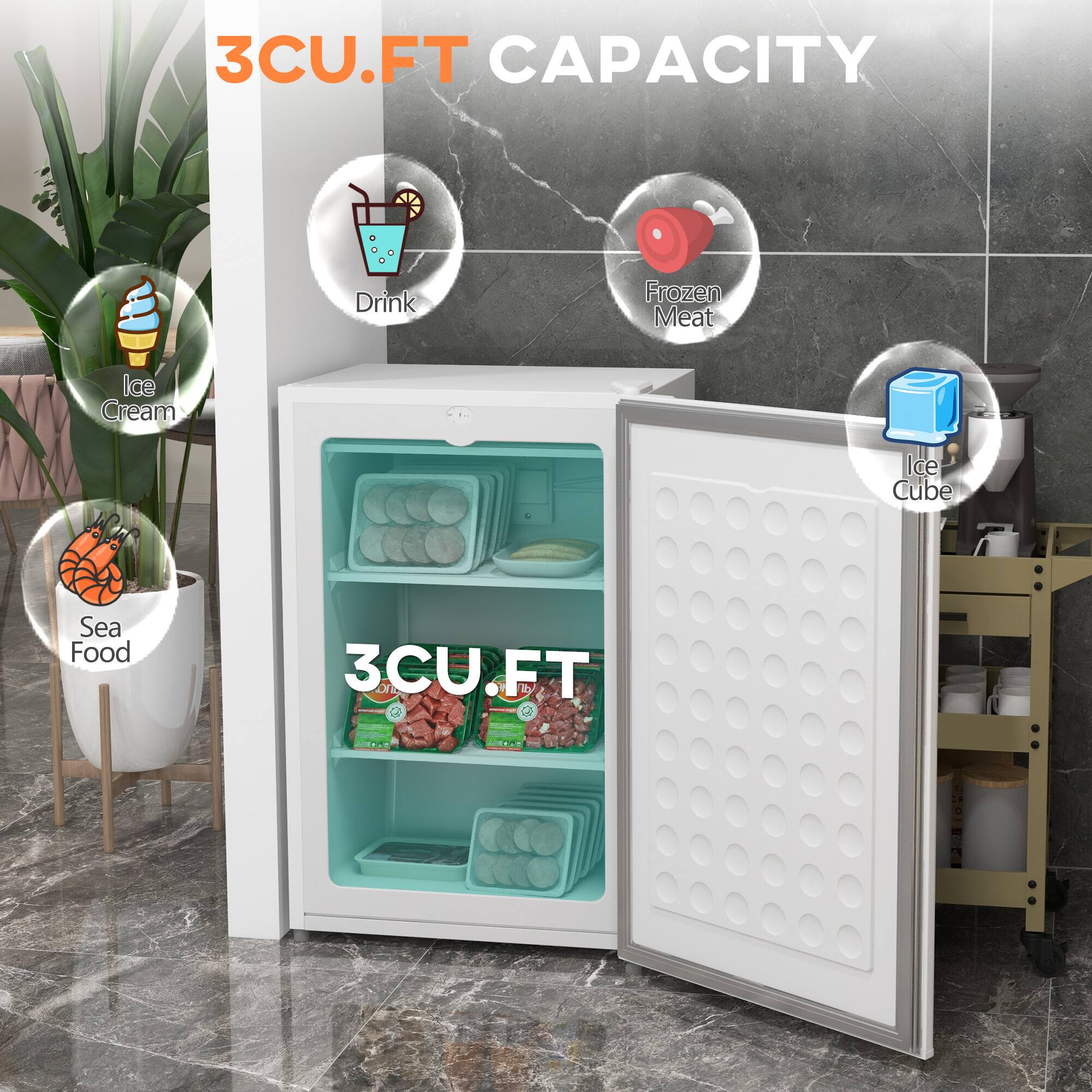 3CU.FT CAPACITY

Drink  
Frozen Meat  
Ice Cream  
Ice Cube  
Sea Food