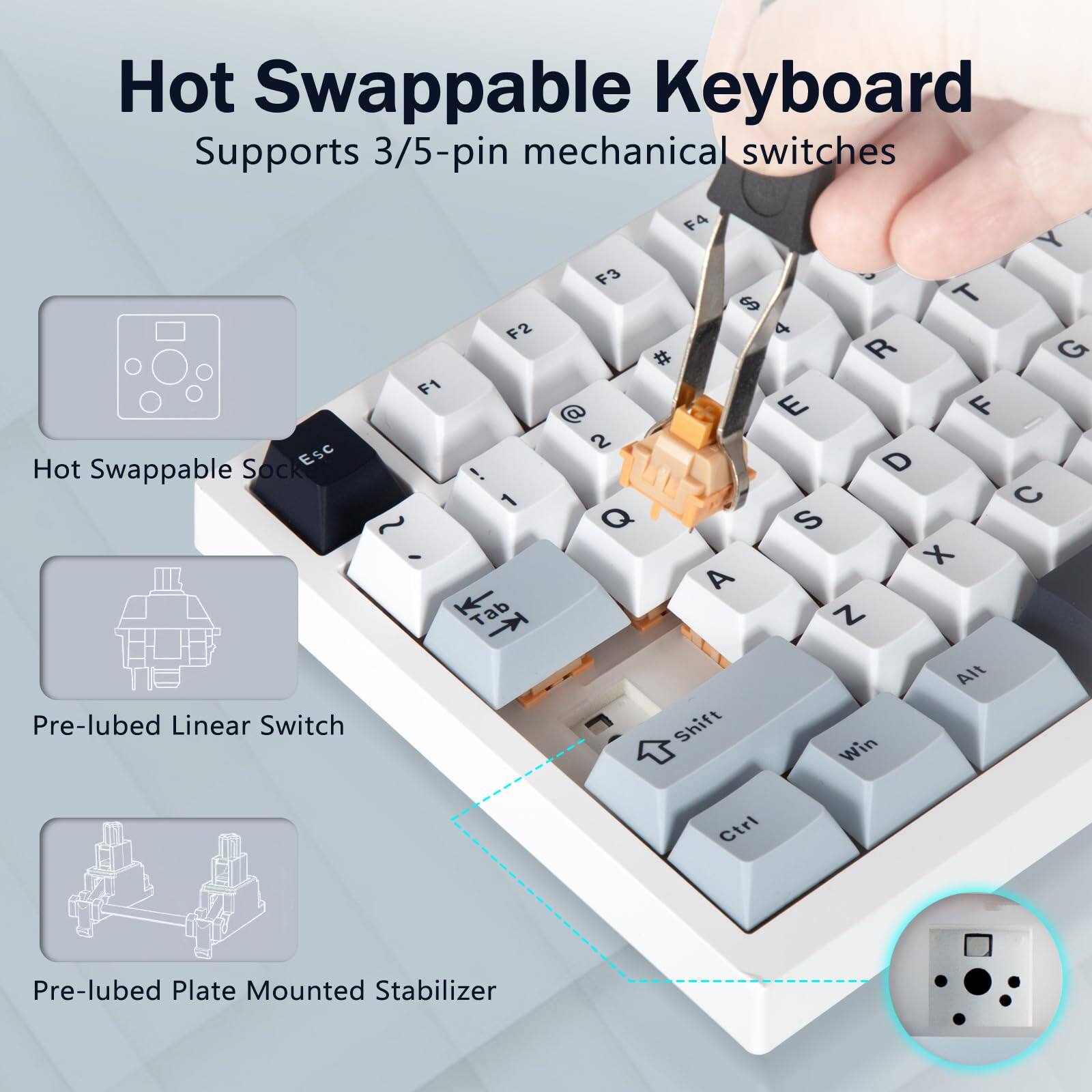 Hot Swappable Keyboard  
Supports 3/5-pin mechanical switches  

- Hot Swappable Sockets  
- Pre-lubed Linear Switch  
- Pre-lubed Plate Mounted Stabilizer