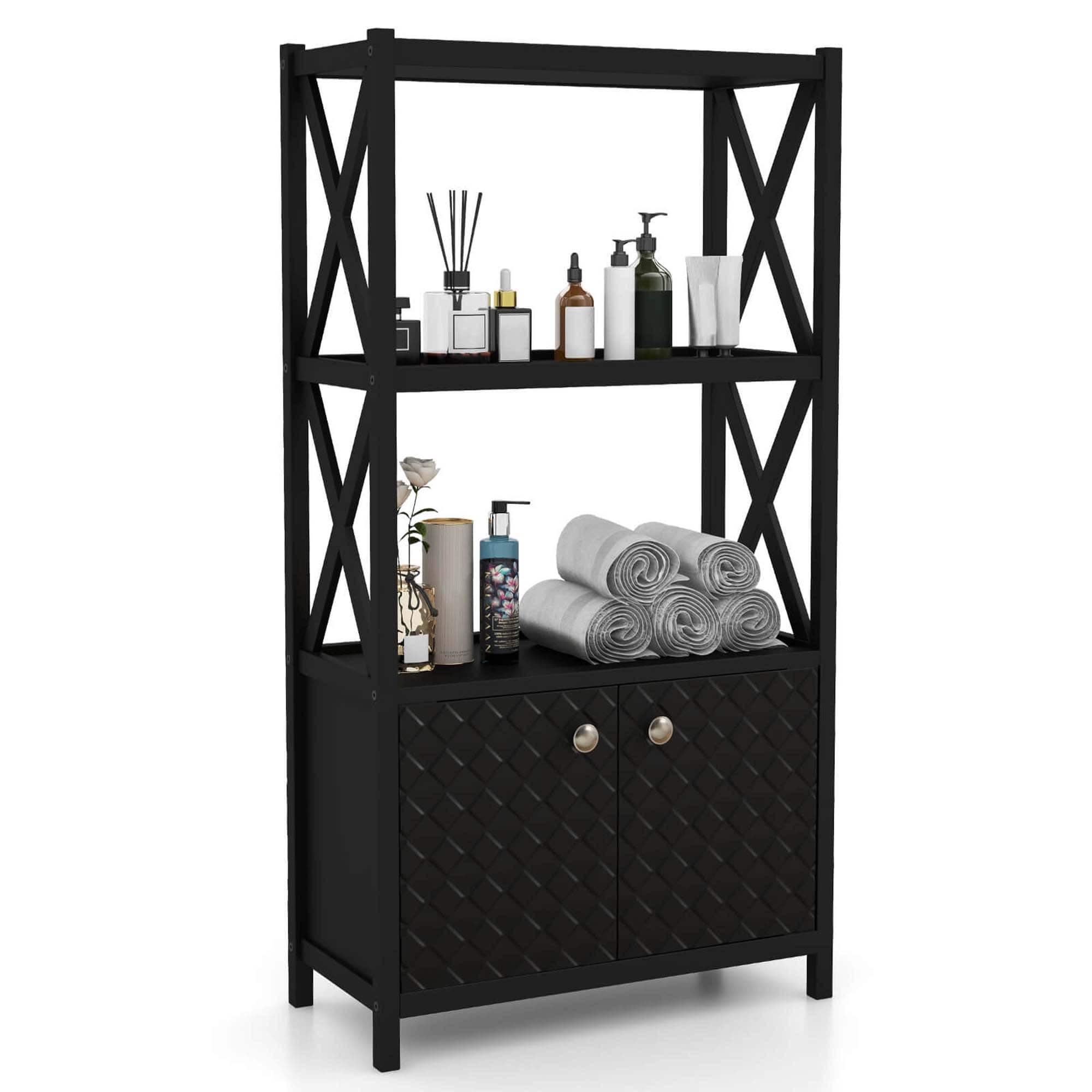 Costway - Bathroom Storage Cabinet with Open Shelves & Double Doors Modern Storage Organizer - Black
