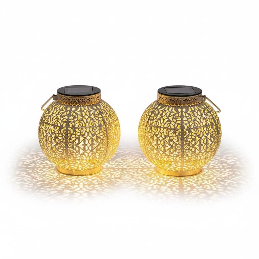 FINEAK - 6.3" 2 Pack Solar Metal Retro Lanterns - Waterproof Outdoor Garden Lights - White