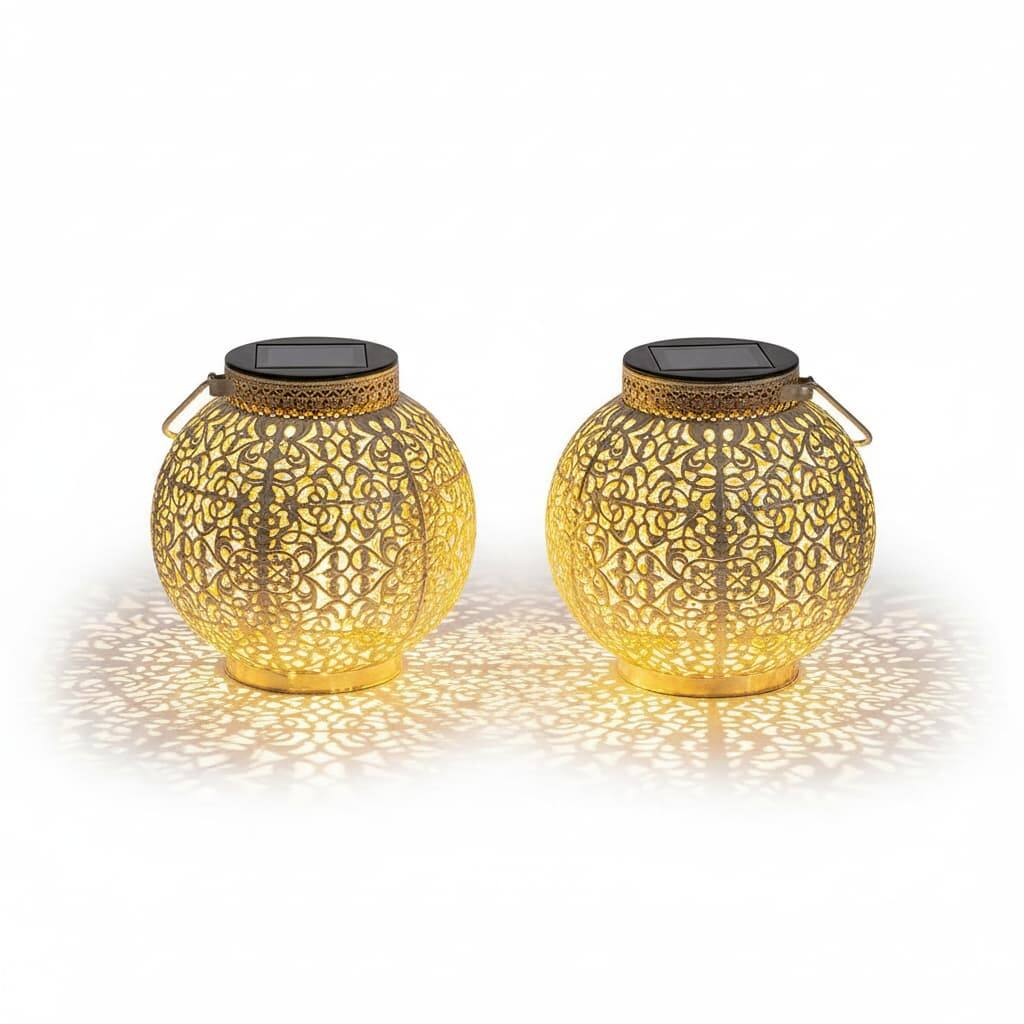 Front. FINEAK - 6.3" 2 Pack Solar Metal Retro Lanterns - Waterproof Outdoor Garden Lights (White) - White.