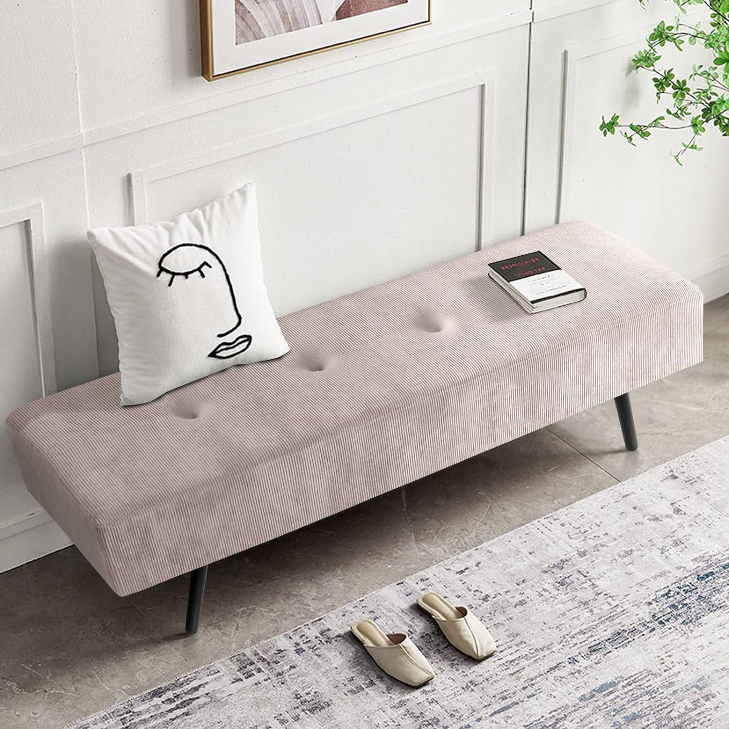 Angle. Hivvago - Mid-Century Corduroy Upholstered End of Bed Bench with Metal Legs - Pink Corduroy.
