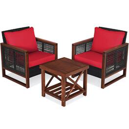 Costway - 3PCS Patio Wicker Furniture Set Solid Wood Frame Cushion Sofa w/ Square Table Shelf - Red