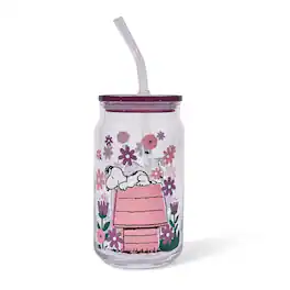 Silver Buffalo - Peanuts Snoopy 16-Ounce Doghouse Flowers Glass Tumbler With Plastic Lid and Straw - Pink
