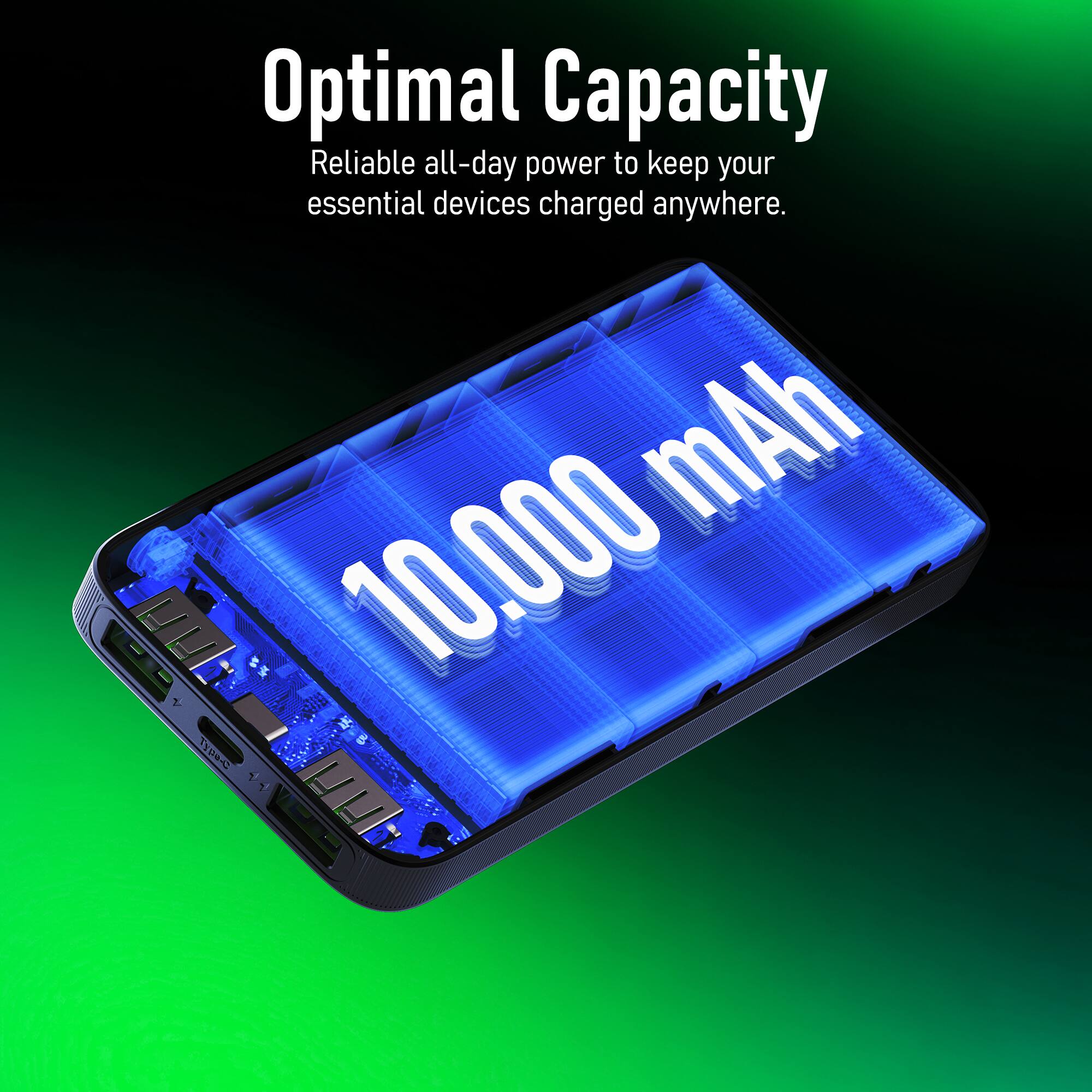 Optimal Capacity  
Reliable all-day power to keep your essential devices charged anywhere.  
10,000 mAh