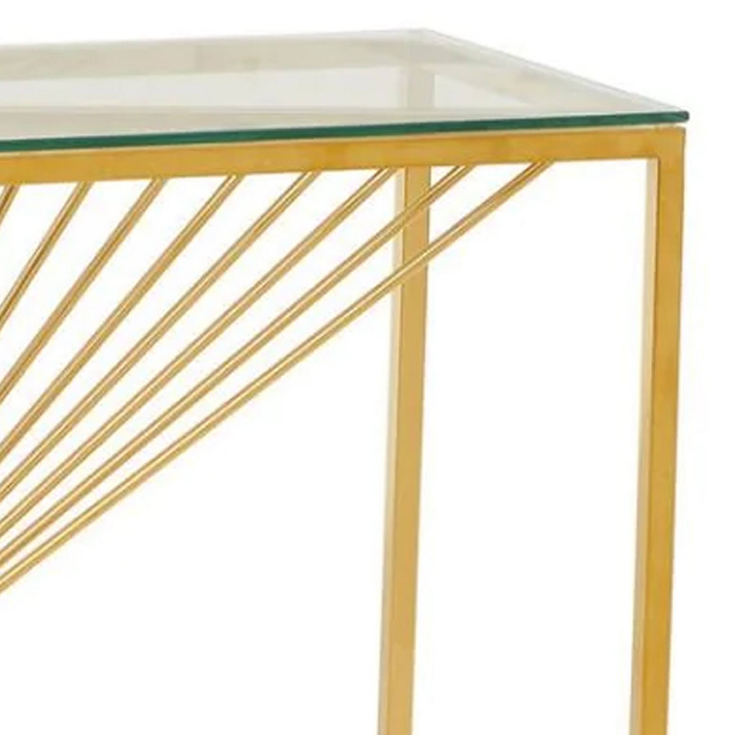 Alt View 1. Manhattan Lane - Glen 47 Inch Sofa Console Table, Tempered Glass Top, Twisted Slatted Design - Gold.
