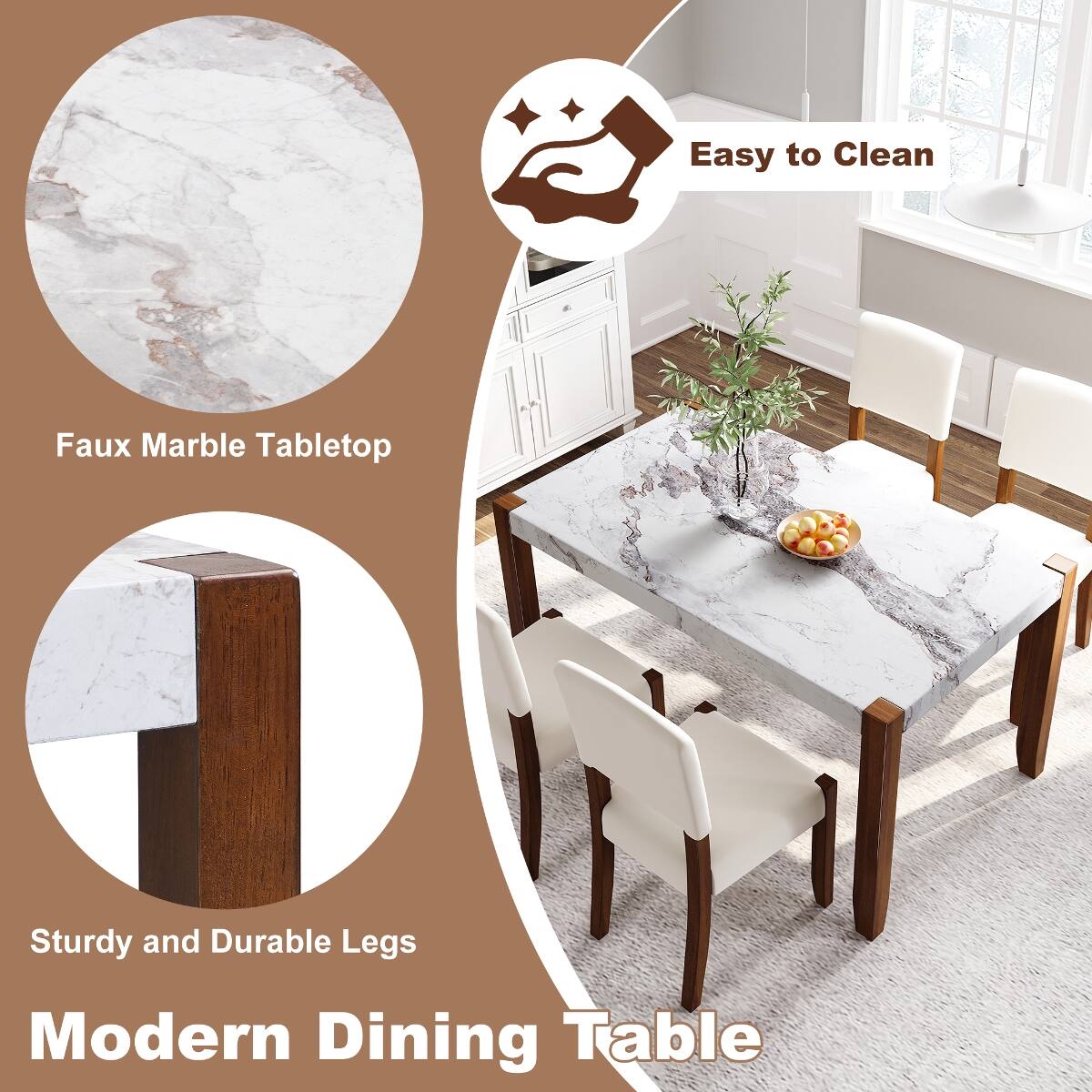 Easy to Clean  
Faux Marble Tabletop  
Sturdy and Durable Legs  
Modern Dining Table