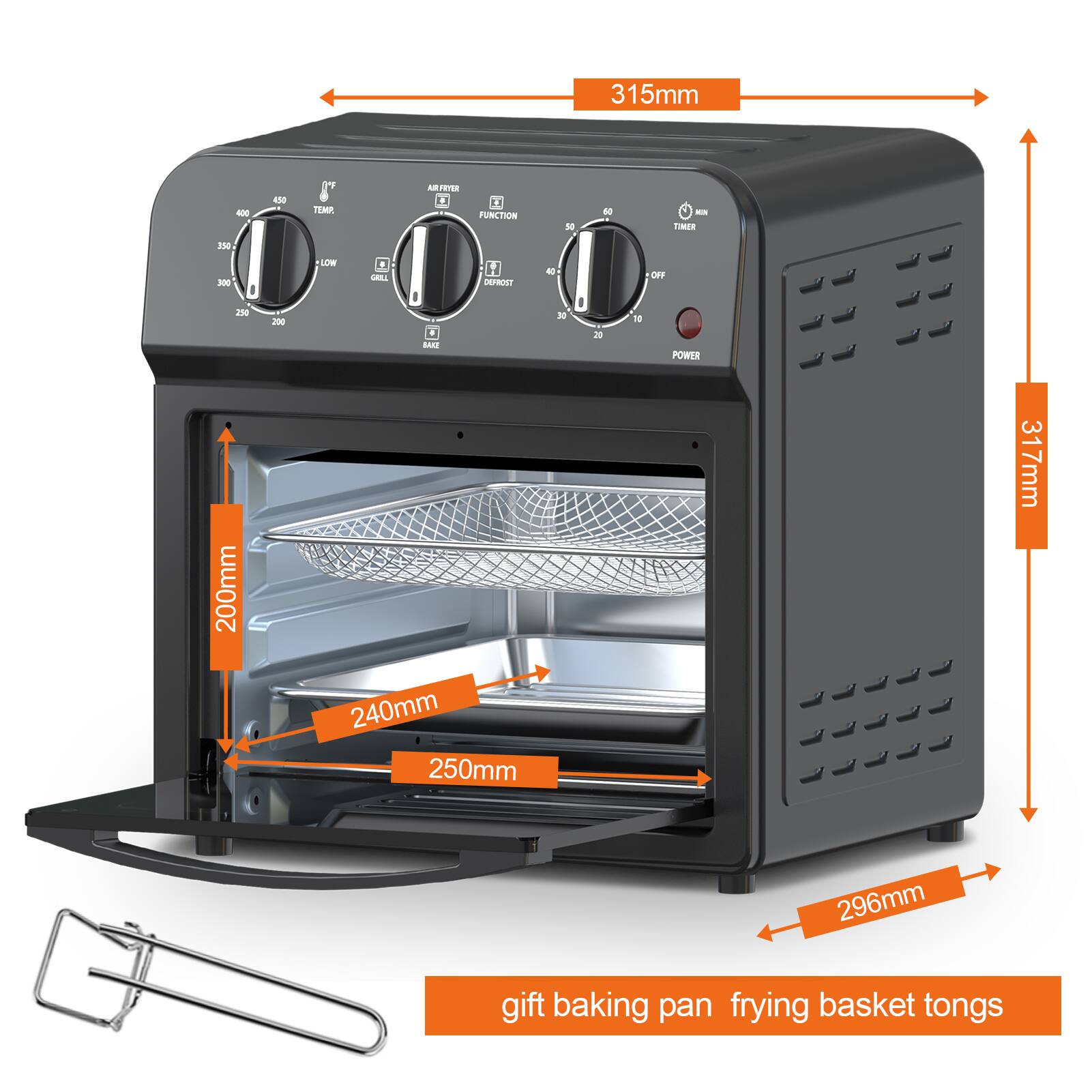 315mm - AN 19 TEMP - ErSTER FUNCTION 50 S0 - LMER 35 300 - .  
ArRST a DFF Ie 200 .  
20 18 POWER 200mm 240mm 250mm 317mm 296mm  
gift baking pan frying basket tongs