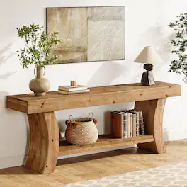 Tribesigns - Farmhouse Solid Wood Console Table with Storage Shelves and Rectangular Top for Entryway and Living Room - Brown