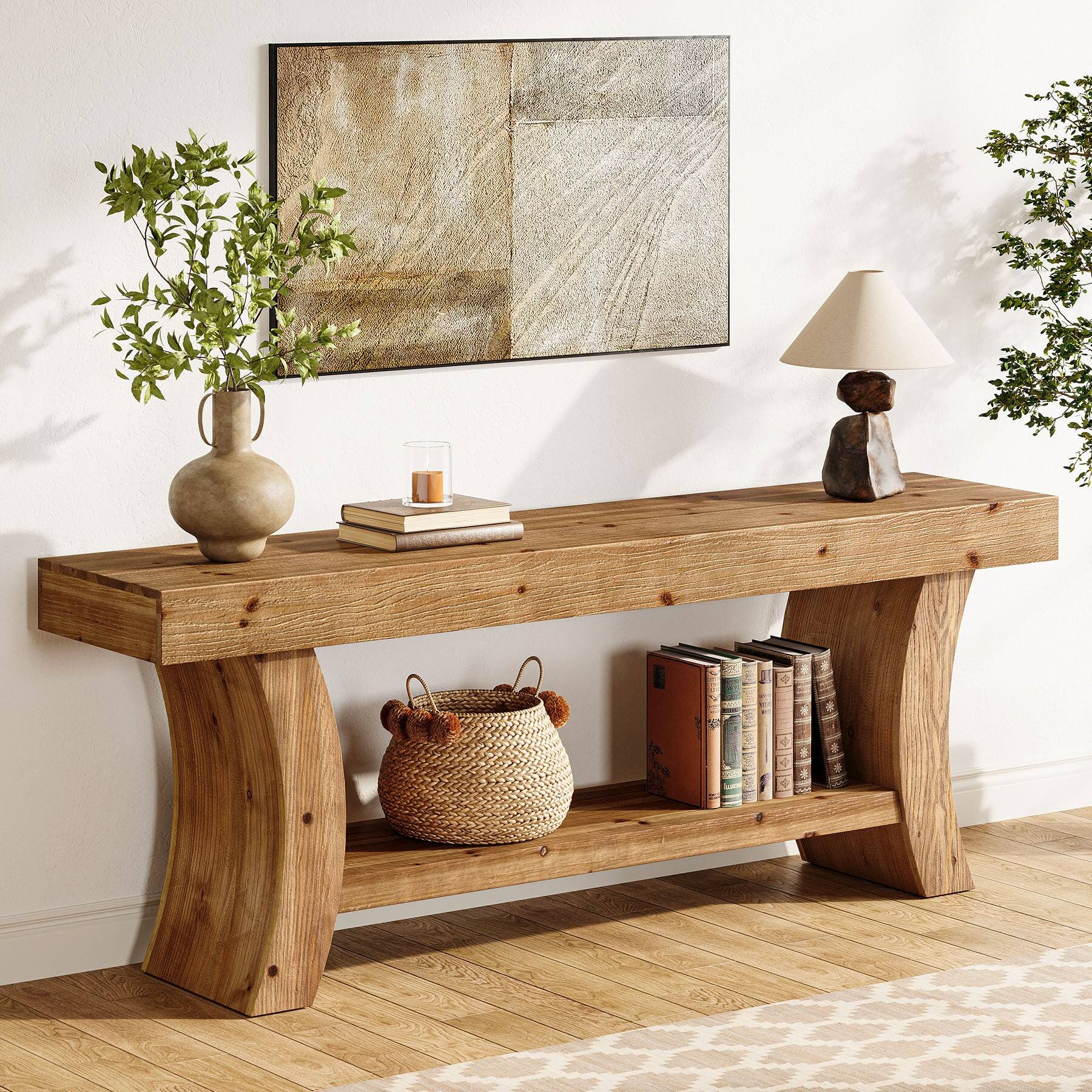 Front. Tribesigns - Farmhouse Solid Wood Console Table with Storage Shelves and Rectangular Top for Entryway and Living Room - Brown.