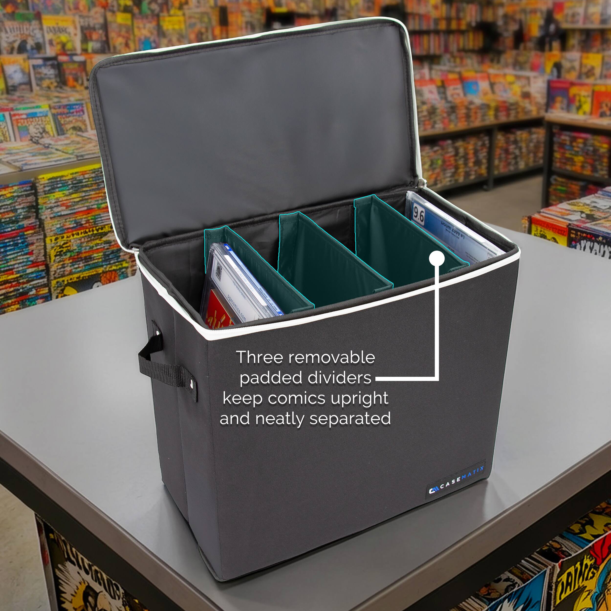 Three removable padded dividers keep comics upright and neatly separated