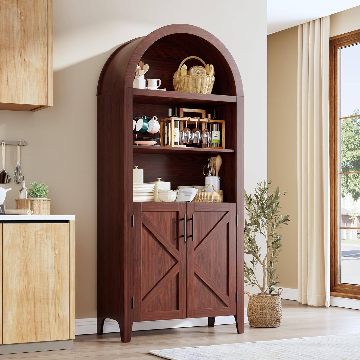 Front. Babevy - Arched Kitchen Pantry Cabinet - Brown.