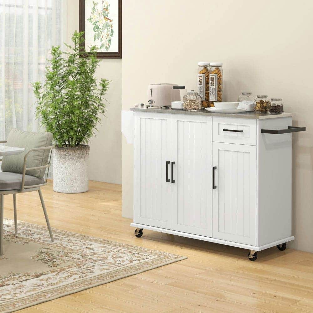Kadyn - Kitchen Island Cart with Storage, Rolling Kitchen Island on Wheels with Drawer, 3 Cabinets - White