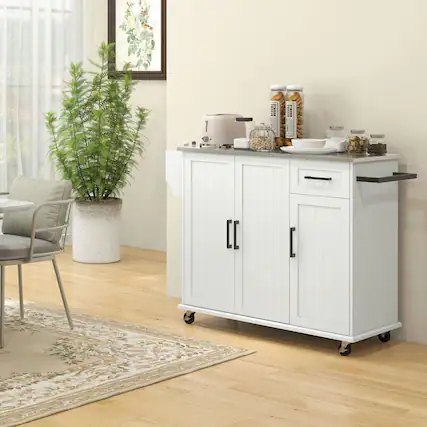 Front. Kadyn - Kitchen Island Cart with Storage, Rolling Kitchen Island on Wheels with Drawer, 3 Cabinets, White - White.