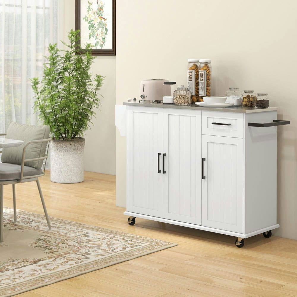 Front. Kadyn - Kitchen Island Cart with Storage, Rolling Kitchen Island on Wheels with Drawer, 3 Cabinets, White - White.