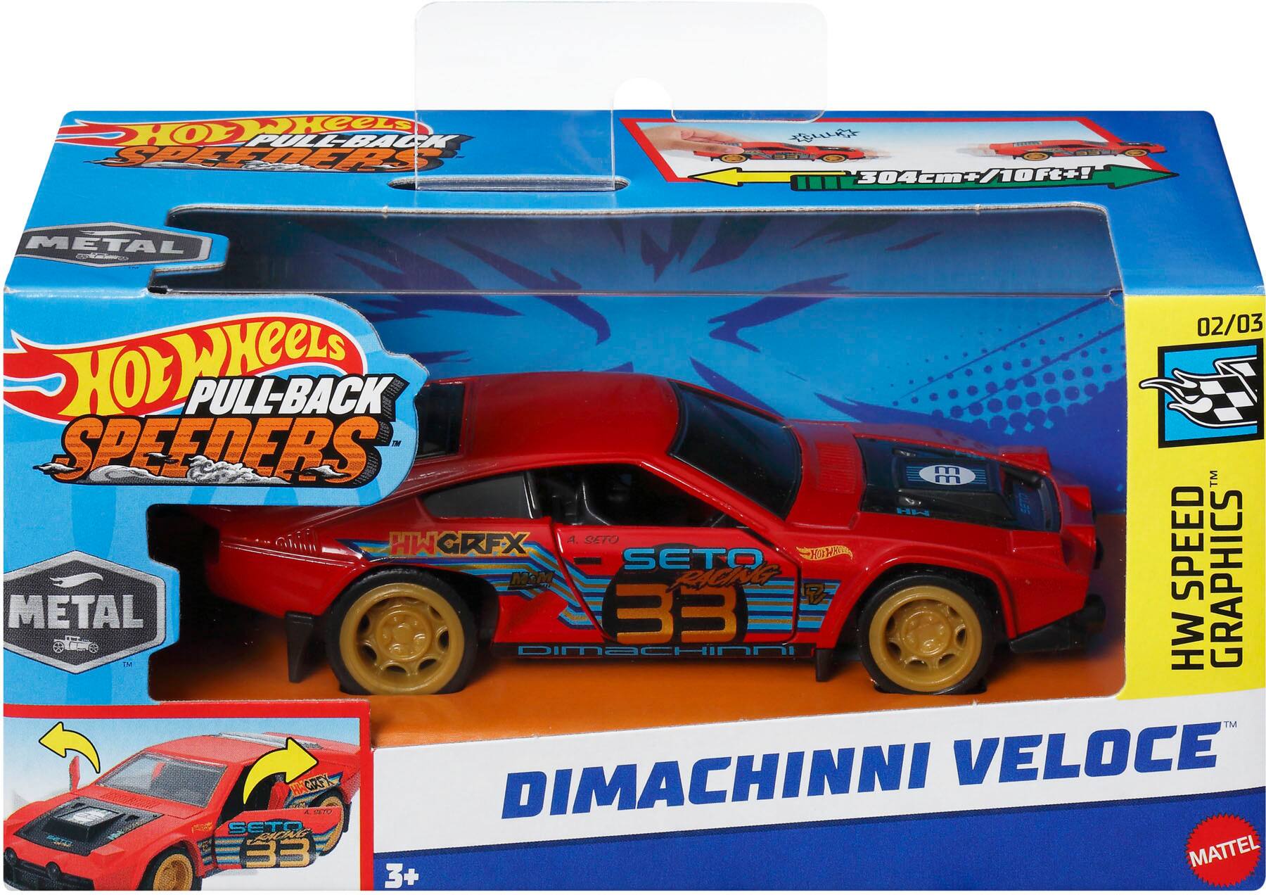 Hot Wheels Diecast Pull-Back Speeders 1:30 Scale Set with 3 Cars: 33 DiMachinni Veloce, 304cm/10Ft Metal, and 02/03 HW Graphix.