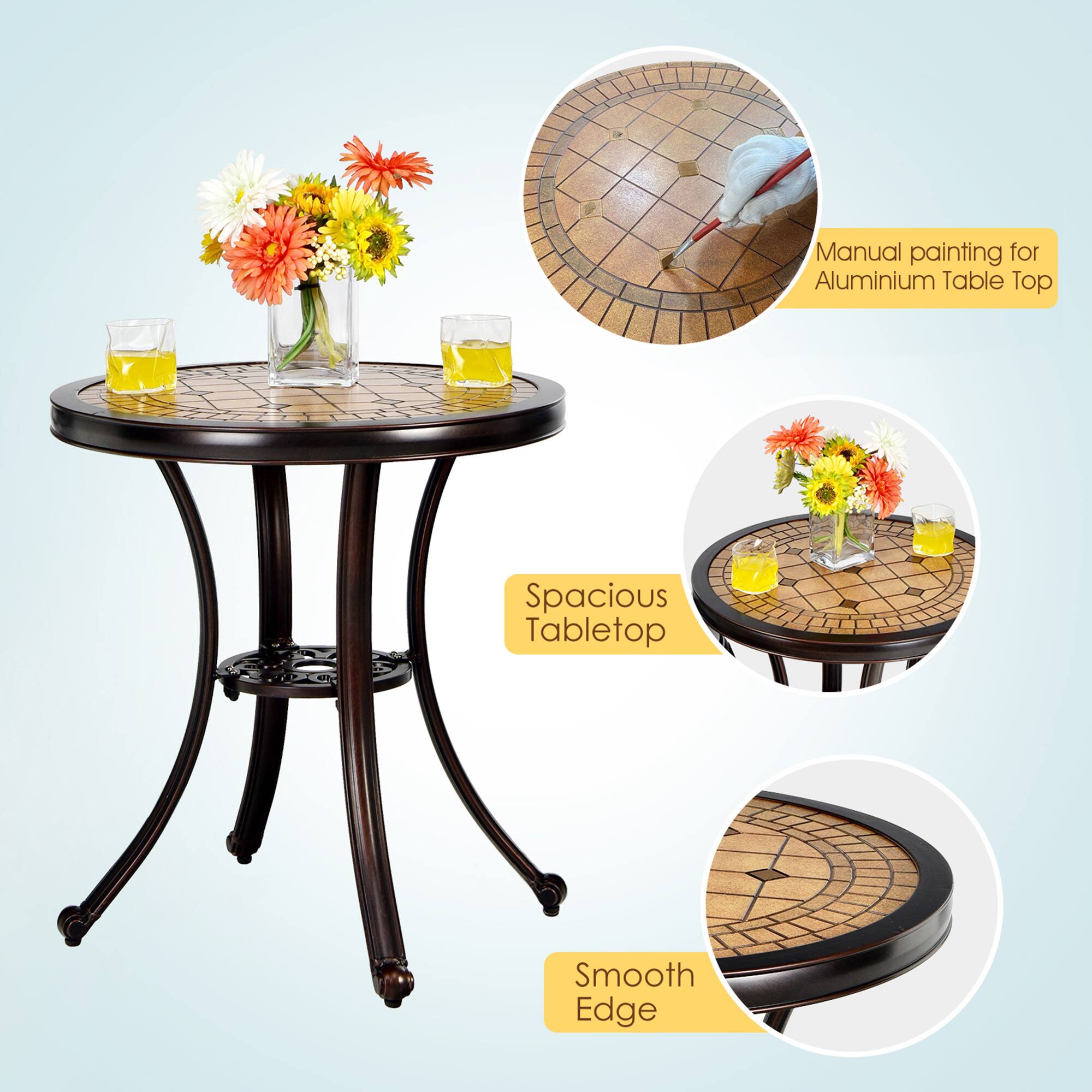 - Manual painting for Aluminium Table Top
- Spacious Tabletop
- Smooth Edge