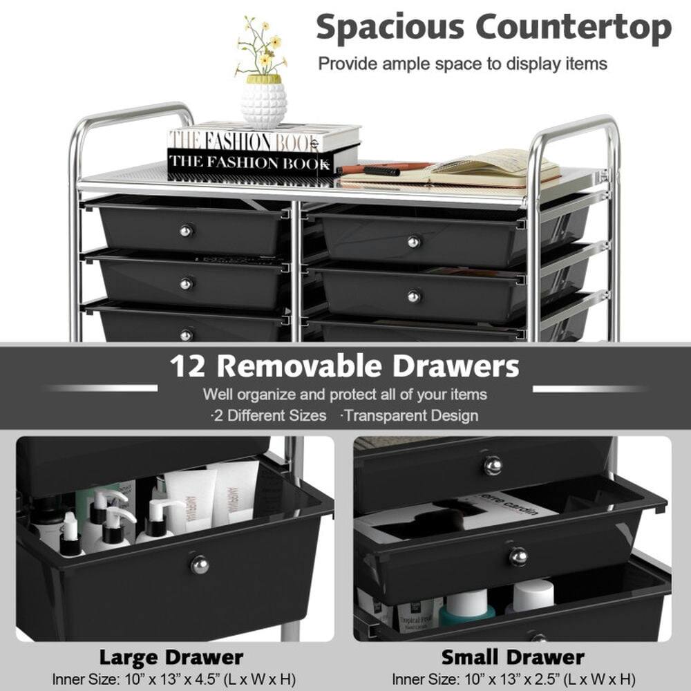 Spacious Countertop  
Provide ample space to display items

12 Removable Drawers  
Well organize and protect all of your items  
- 2 Different Sizes  
- Transparent Design

Large Drawer  
Inner Size: 10" x 13" x 4.5" (L x W x H)

Small Drawer  
Inner Size: 10" x 13" x 2.5" (L x W x H)