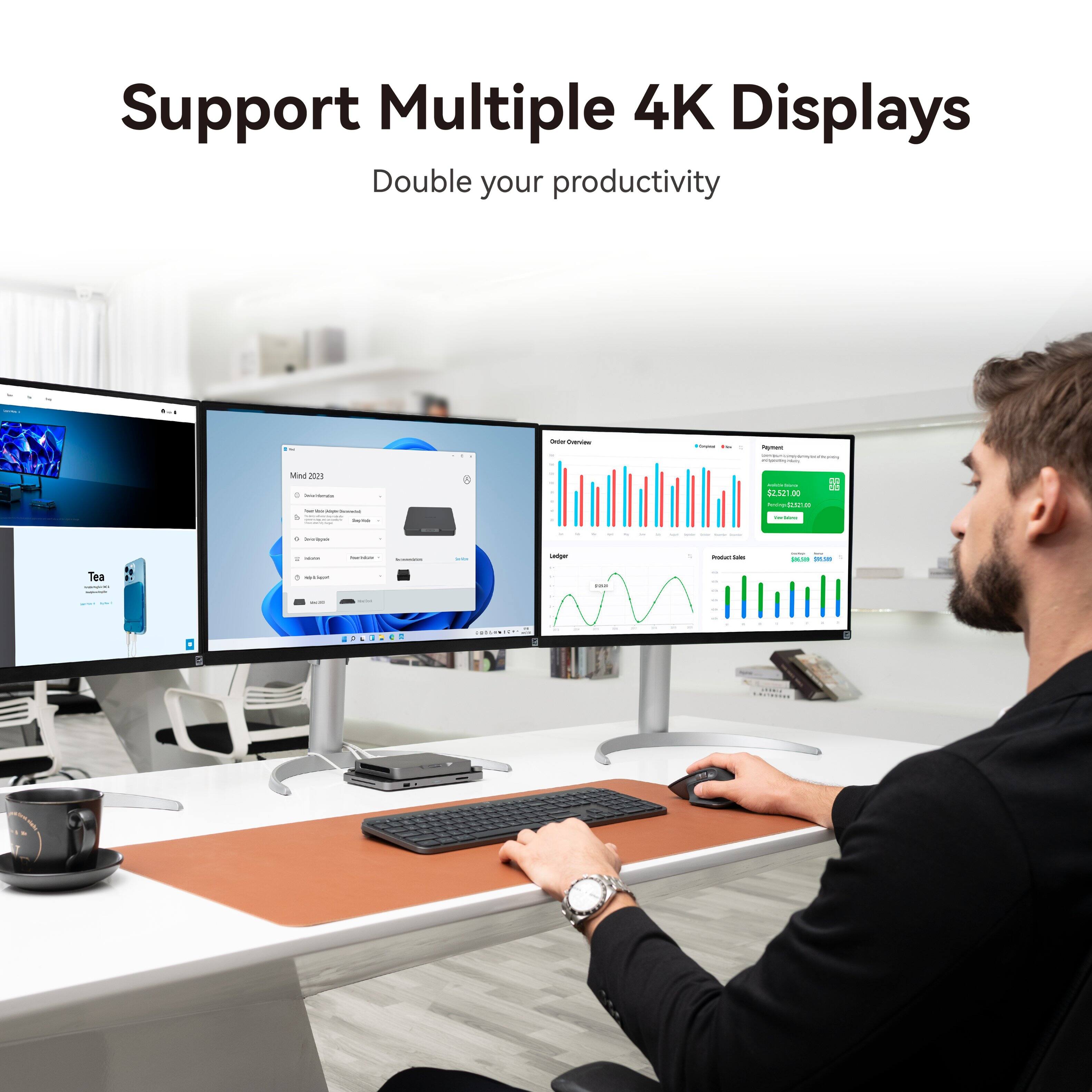 Support Multiple 4K Displays  
Double your productivity

Order Overview  
Mind 2023  
Payment  
$2,521.00  
Pening-52321.00  
machina  
Calger  
Poduction  
VISION $8.50  
Tea 100%  
MATCHANT