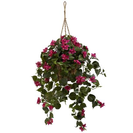Front. BreeBe - Bougainvillea Silk Hanging Basket - Green.