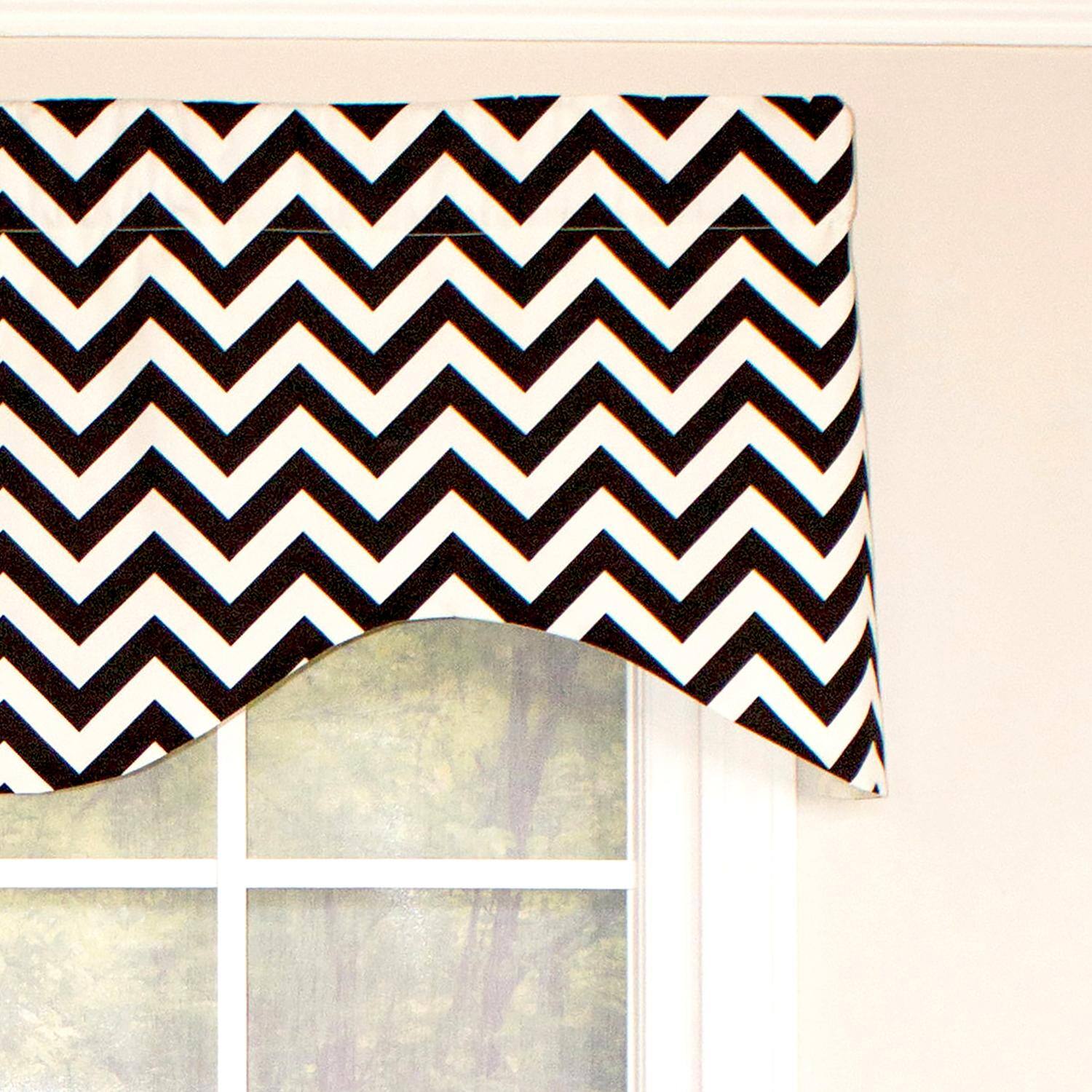 Left. RLF Home - RLF Home Zig Zag Cornice  100% Cotton with Fully Lined 3" Rod Pocket Valnance for Windows 50" x 17" Black - Black.