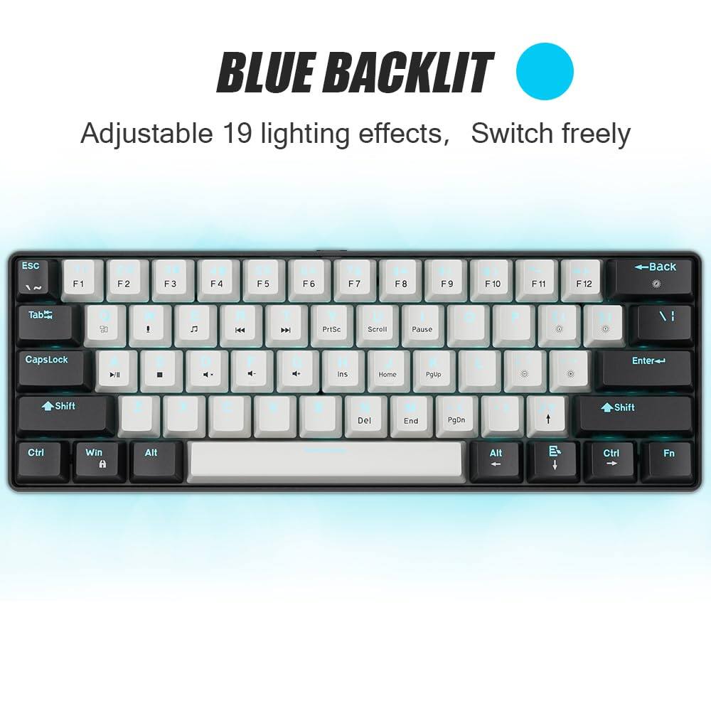 BLUE BACKLIT  
Adjustable 19 lighting effects, Switch freely  

ESC F1 F2 F3 F4 F5 F6 F7 F8 F9 F10 F11 F12  
Tab 1 2 3 4 5 6 7 8 9 0 - = Backspace  
CapsLock Shift Z X C V B N M , . /  
Shift A S D F G H J K L ; ' Enter  
Ctrl Win Alt Spacebar Alt Ctrl Fn  
PrtSc Scroll Pause Home PgUp PgDn End Del