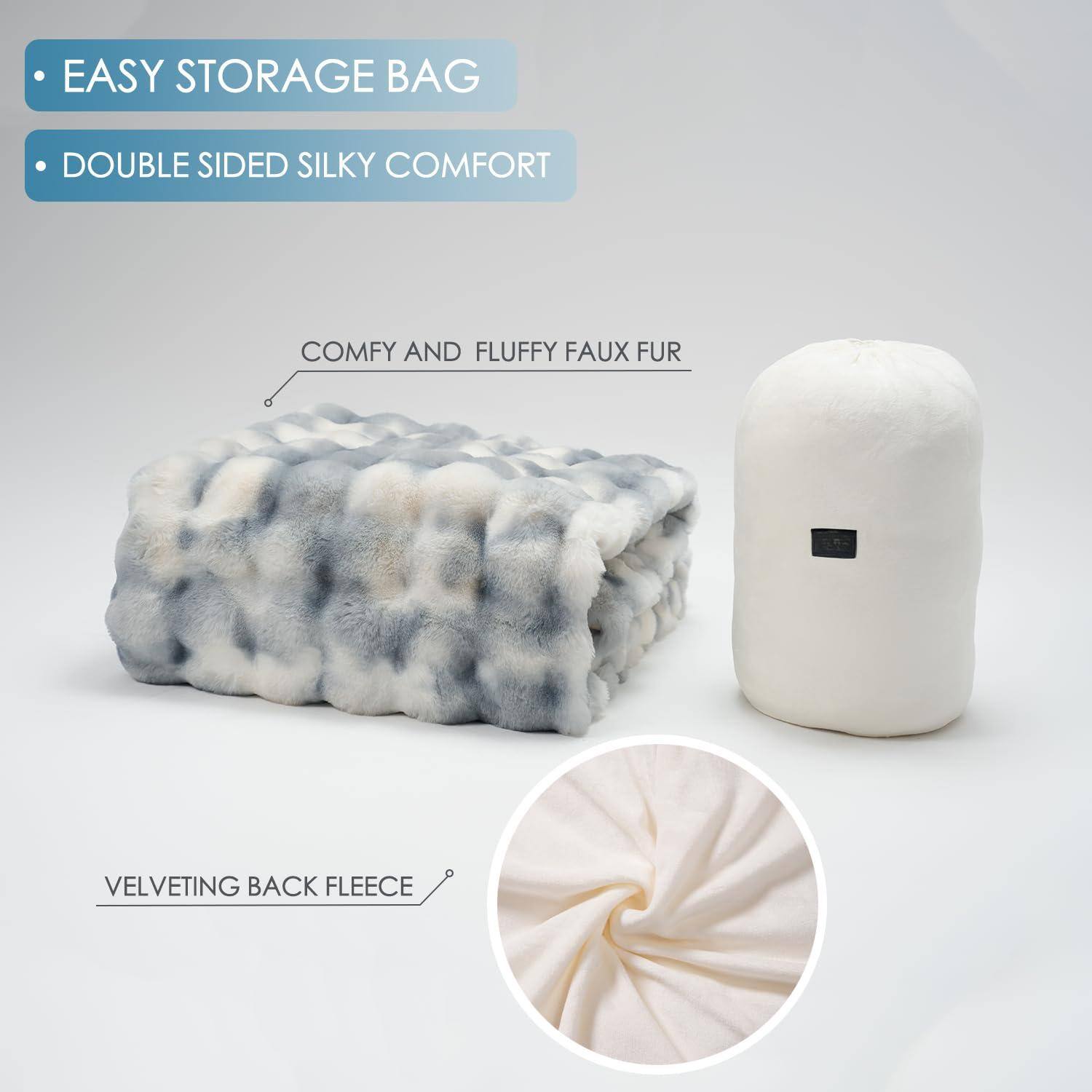 - EASY STORAGE BAG
- DOUBLE SIDED SILKY COMFORT
- COMFY AND FLUFFY FAUX FUR
- VELVETING BACK FLEECE