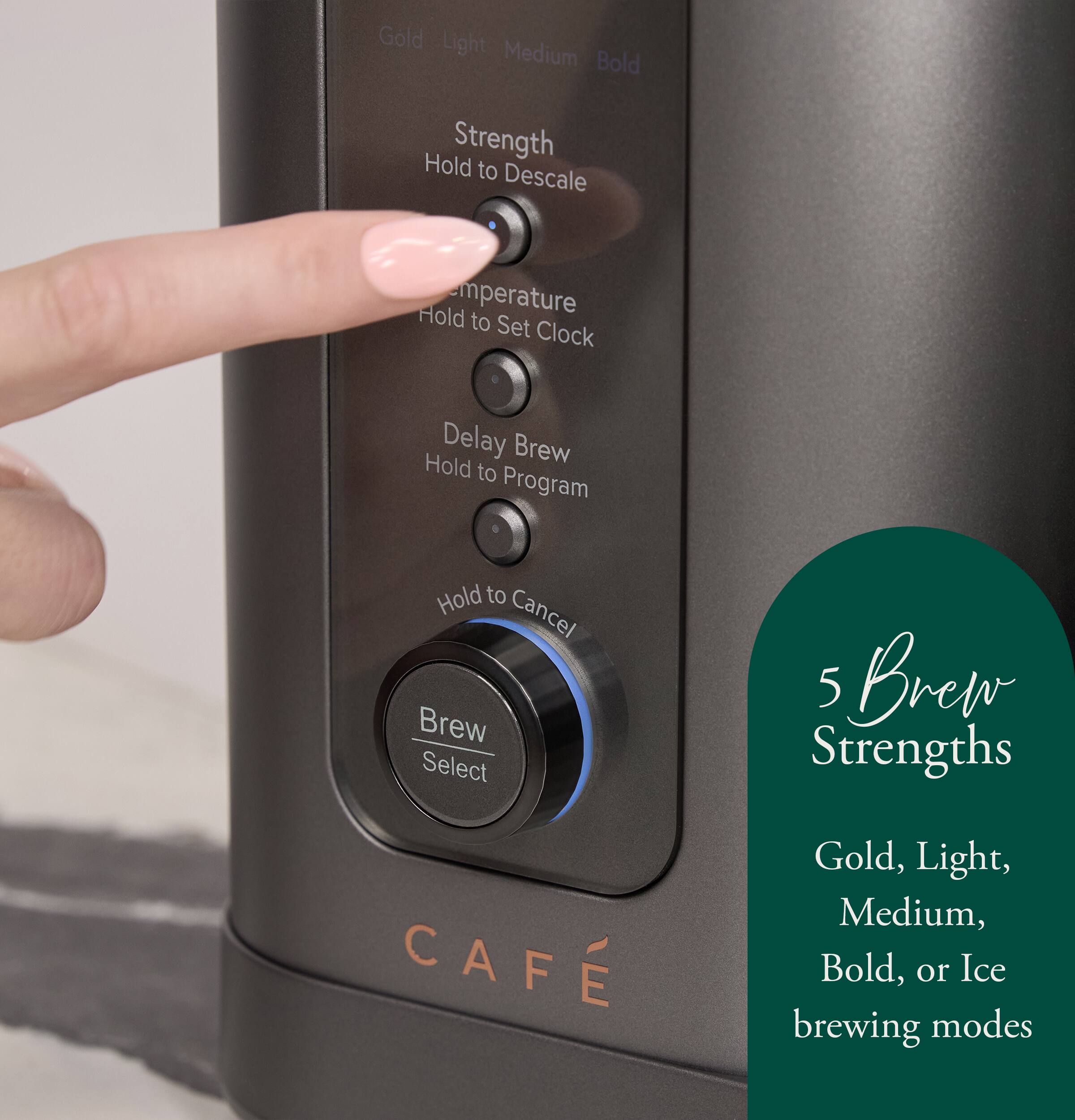 Gold Light Medium Bold Hold Strength to Descale  
Hold temperature to Set Clock  
Delay Brew Hold to Program Hold to Cancel Brew Select  
5 Brew Strengths  
Gold, Light, Medium, Bold, or Ice brewing modes