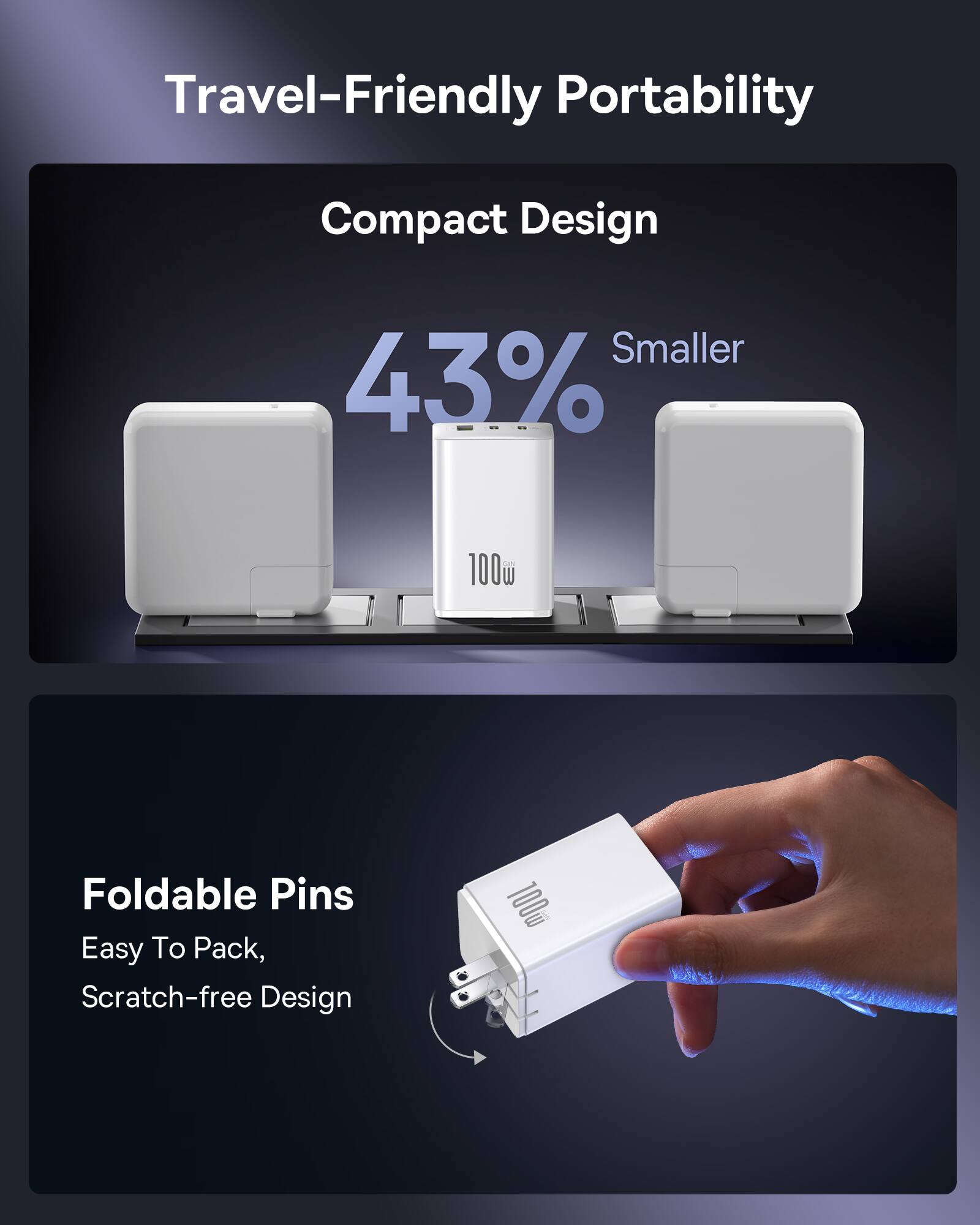 Travel-Friendly Portability

Compact Design
43% Smaller

Foldable Pins
Easy To Pack, Scratch-free Design