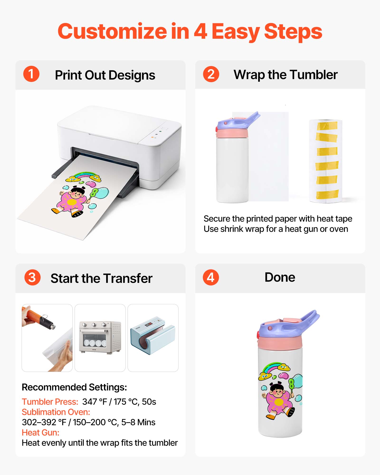Customize in 4 Easy Steps

1. Print Out Designs

2. Wrap the Tumbler
   - Secure the printed paper with heat tape
   - Use shrink wrap for a heat gun or oven

3. Start the Transfer

4. Done

Recommended Settings:
- Tumbler Press: 347°F / 175°C, 50s
- Sublimation Oven: 302–392°F / 150–200°C, 5–8 Mins
- Heat Gun: Heat evenly until the wrap fits the tumbler
