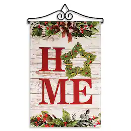 G128 - Combo Garden Flag Hanger 14.2 in & 12x18 in Double-Sided Blockout Flag - Home Wreath on Rustic Wood - Red