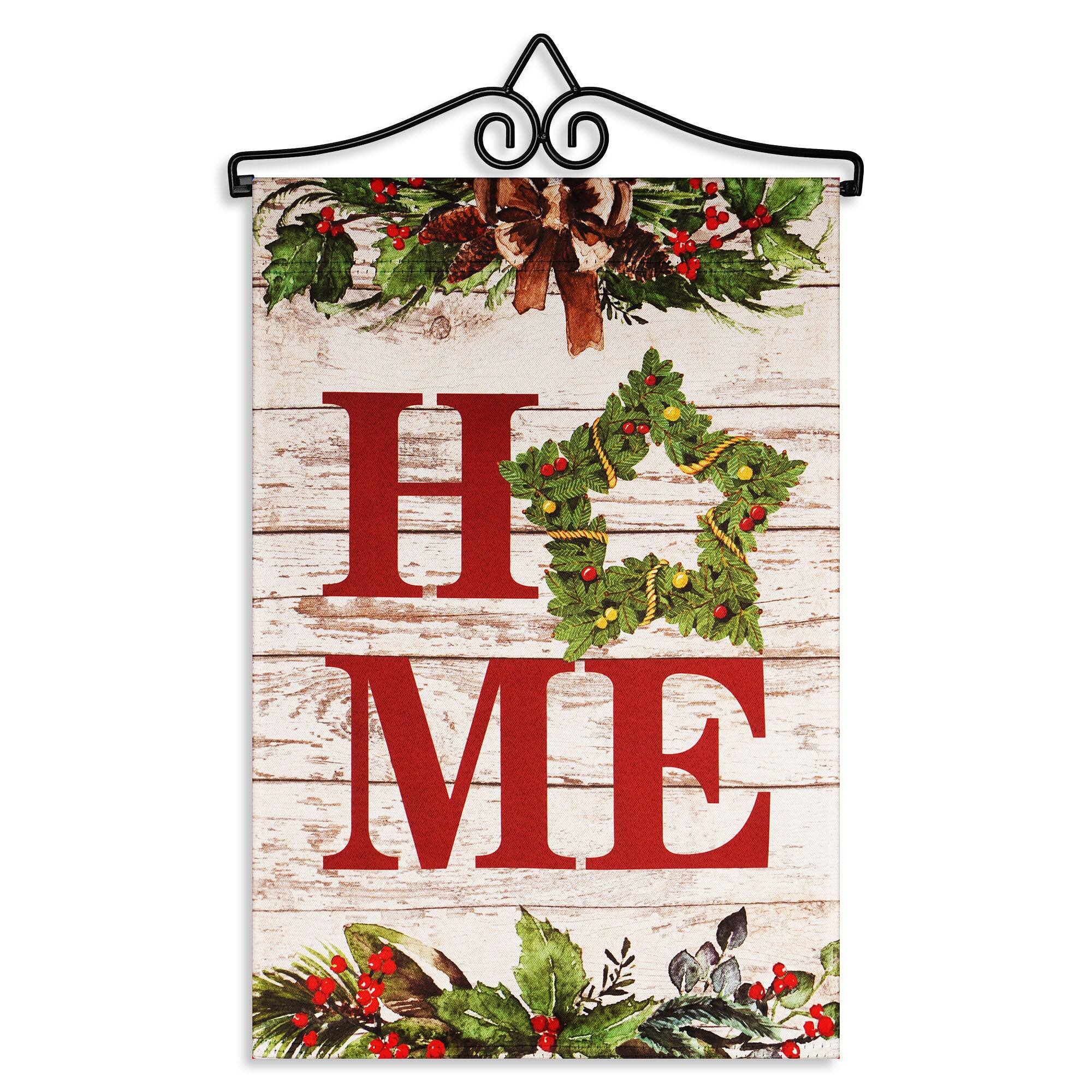 Front. G128 - Combo Garden Flag Hanger 14.2 in & 12x18 in Double-Sided Blockout Flag - Home Wreath on Rustic Wood. - Red.
