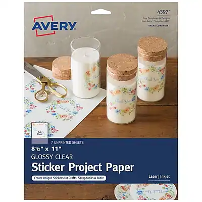 AVERY 4397
Free Templates A Designs Use Avery* Template 4390
AVERY.COM/PRINT
8½" x 11"
7 UNPRINTED SHEETS
GLOSSY CLEAR
Sticker Project Paper
Create Unique Stickers for Crafts, Scrapbooks & More
Laser Inkjet