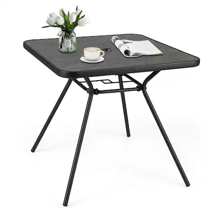 Front. Gymax - Gymax 32'' Patio Dining Table w/ 1.6'' Umbrella Hole & Lid DPC Tabletop for Backyard - Black, Gray.