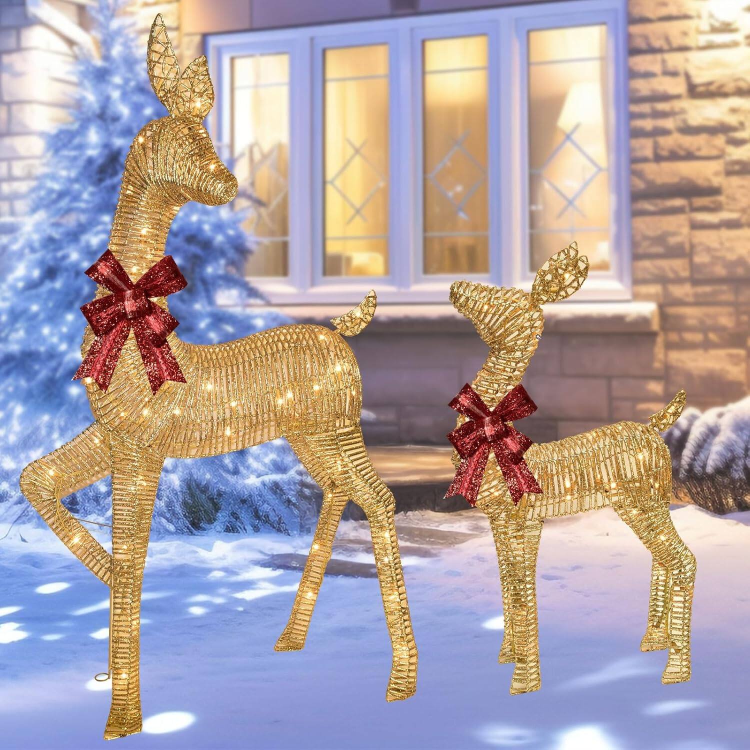 Alt View 8. Wikistore - WIKISTORE 2-Piece Large Lighted Christmas Deer Outdoor Yard Decoration Rattan Reindeer 85 LED Gold.