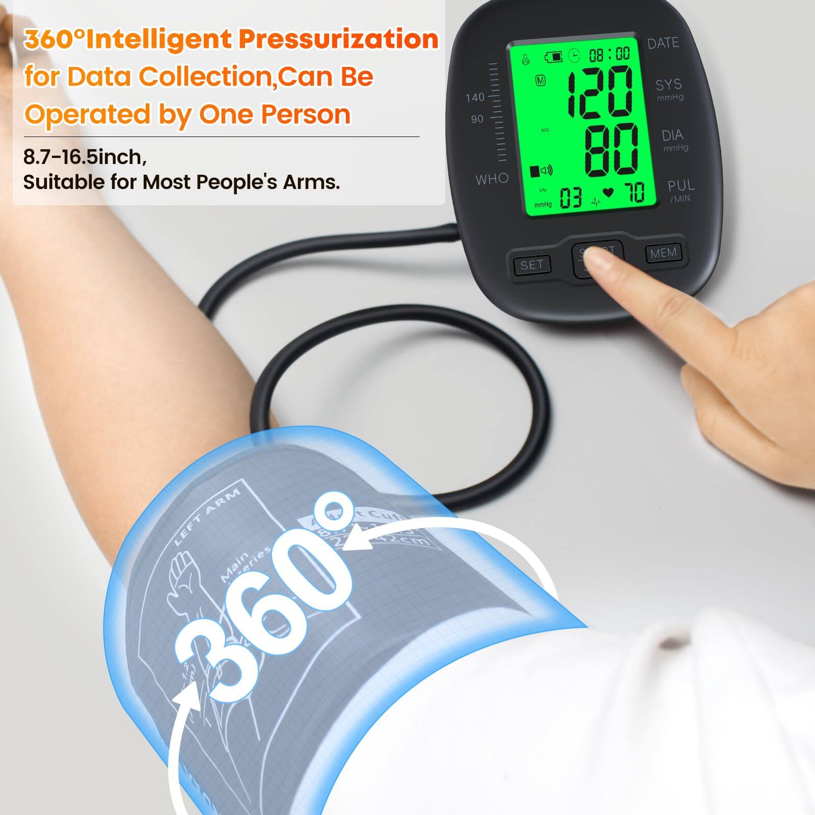 360° Intelligent Pressurization for Data Collection, Can Be Operated by One Person

8.7-16.5 inch, Suitable for Most People's Arms.

WHO DATE 08:00 08 00 SYS 120 mmHg A DIA 80 mmHg d - PUL 03 10 /MIN mnng SET E 7 MEM ARM tCut LEFT - oM

Main eries 360
