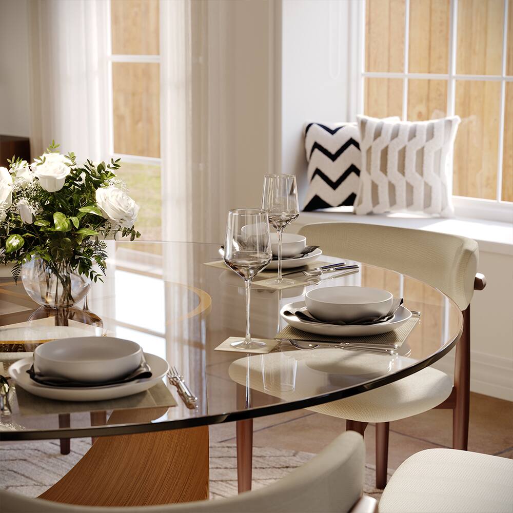 Back. POVISON - 51" Round Dining Table Clear Tempered Glass with Bronze U-shaped Steel Base - Clear Tempered Glass with Bronze Steel Base.