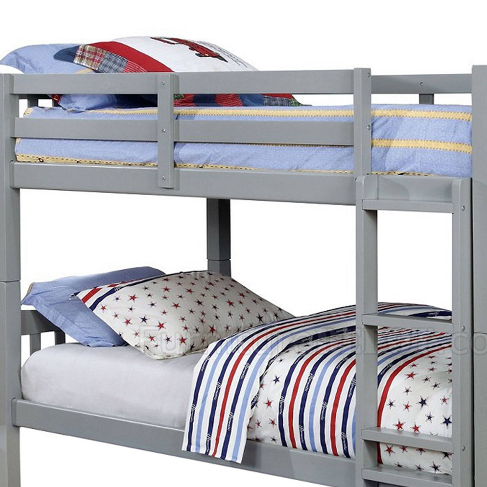 Alt View 3. Manhattan Lane - Slatted Twin Over Twin Bunk Bed with Attached Ladder, Gray - Gray.