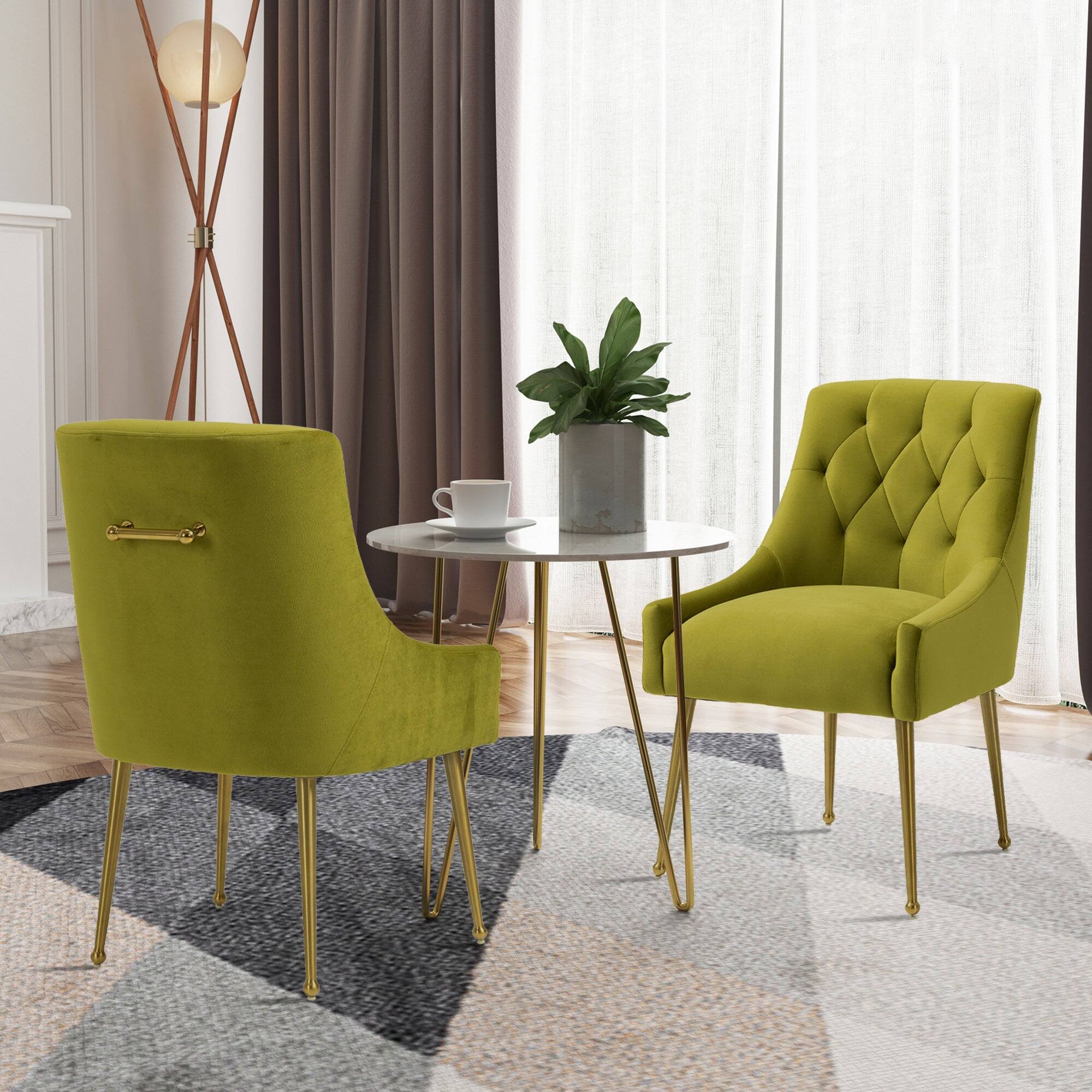 Alt View 3. Boyel Living - Green Tufted Velvet Upholstered Golden Legs Dining Chair with Pulling Handle and Adjustable Foot Nails(Set of 2) - Green.