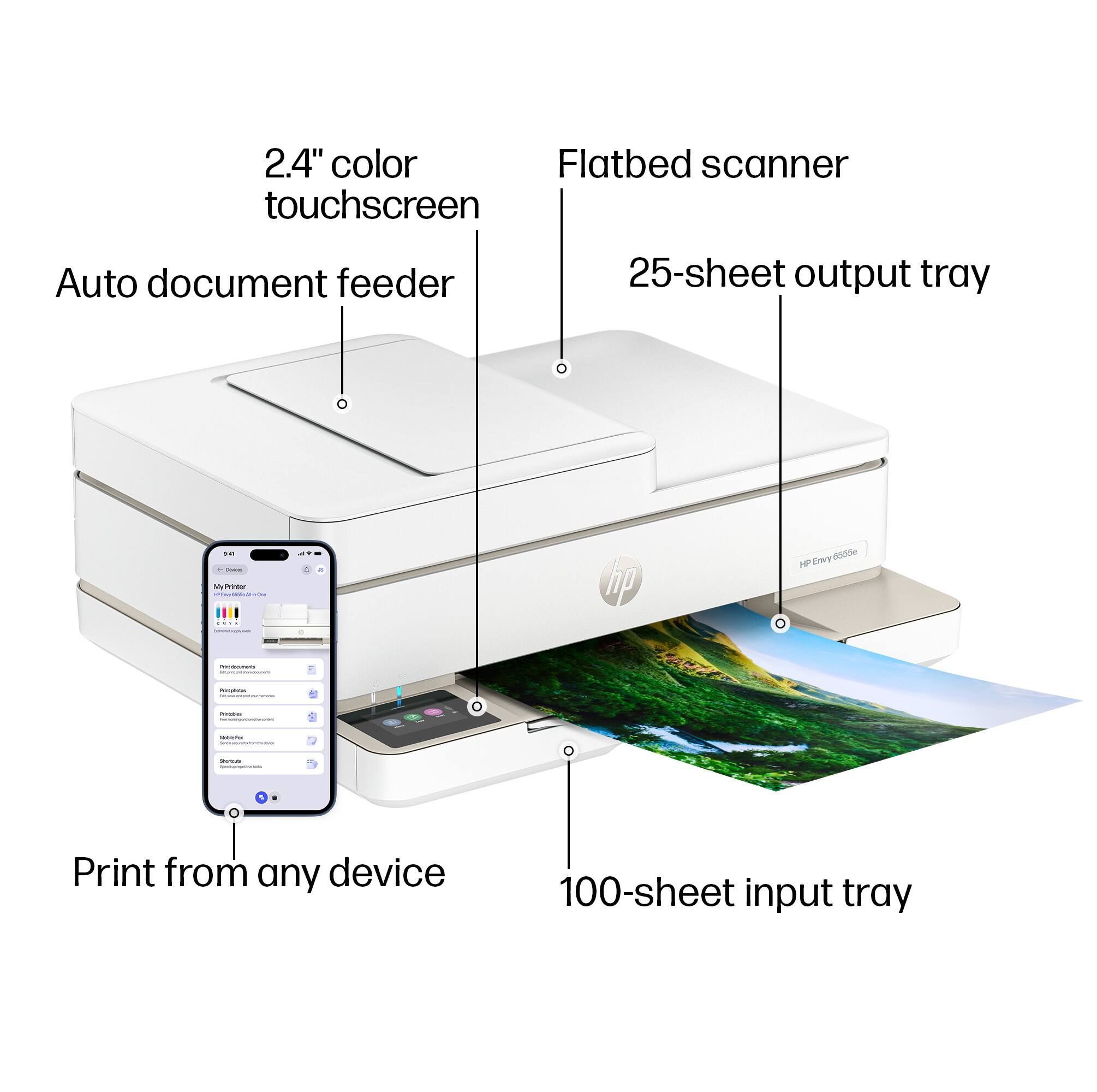2.4" color touchscreen  
Auto document feeder  
Flatbed scanner  
25-sheet output tray  
100-sheet input tray  
Print from any device  

HP Envy 5055e